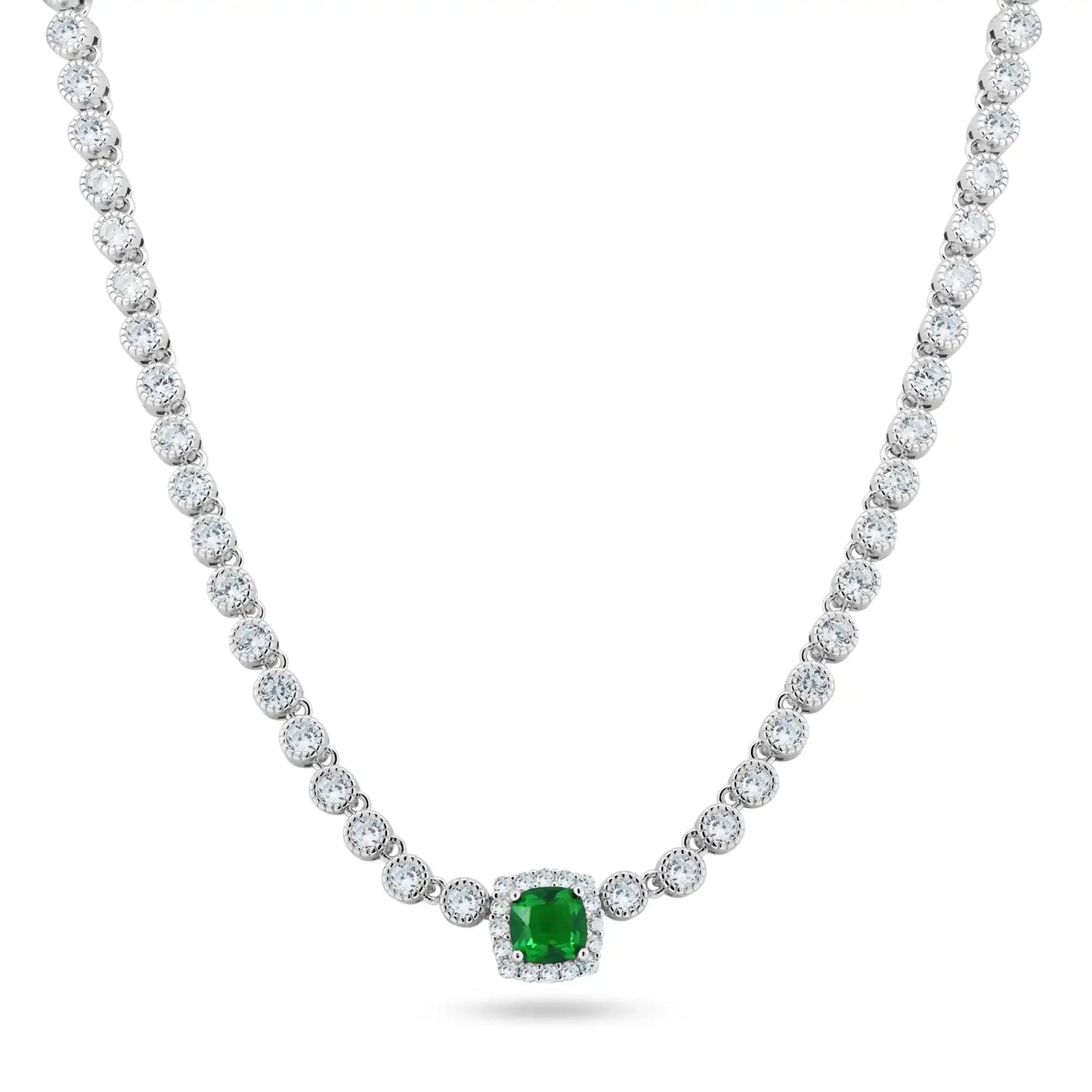 925 Sterling Silver Rhodium Plated CZ Bubble & Birthstone Bridal Tennis Necklace