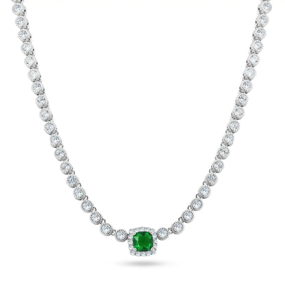 925 Sterling Silver Rhodium Plated CZ Bubble & Birthstone Bridal Tennis Necklace