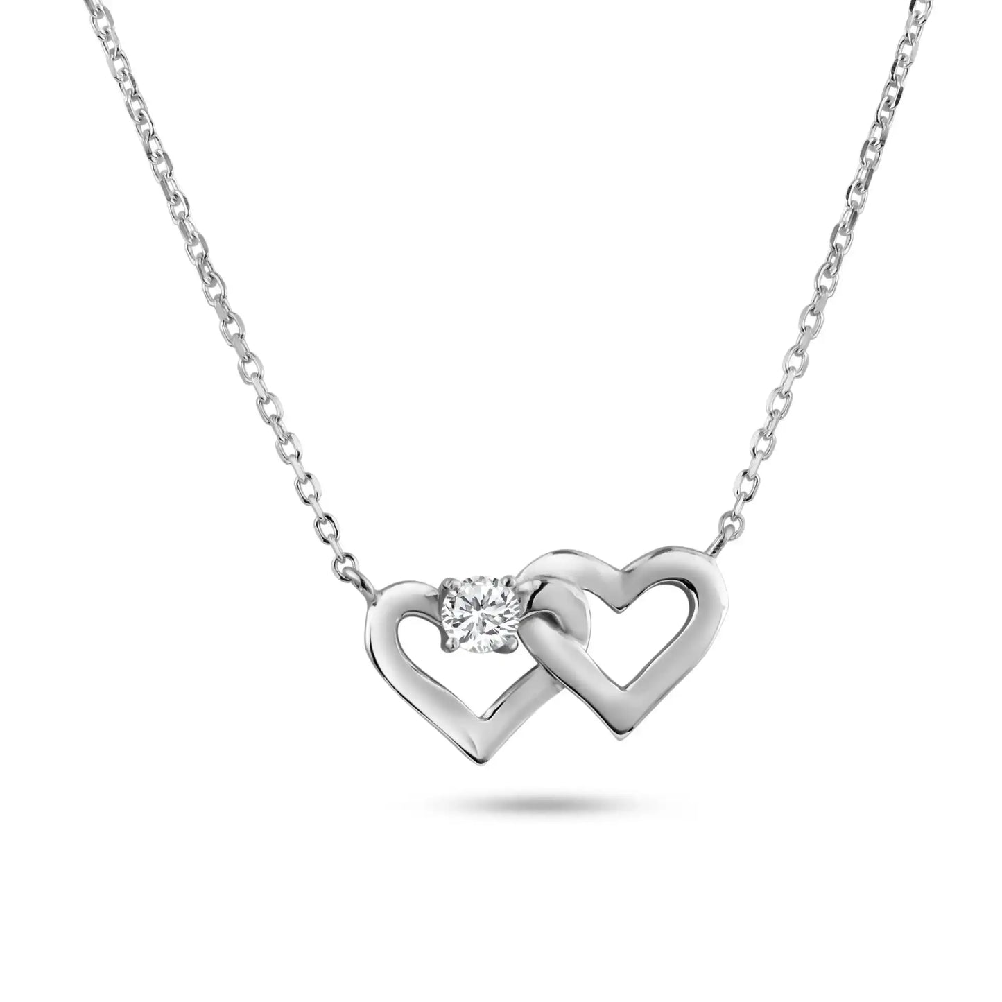 925 Sterling Silver Rhodium Plated Twin Hearts Clear CZ Pendant Necklace