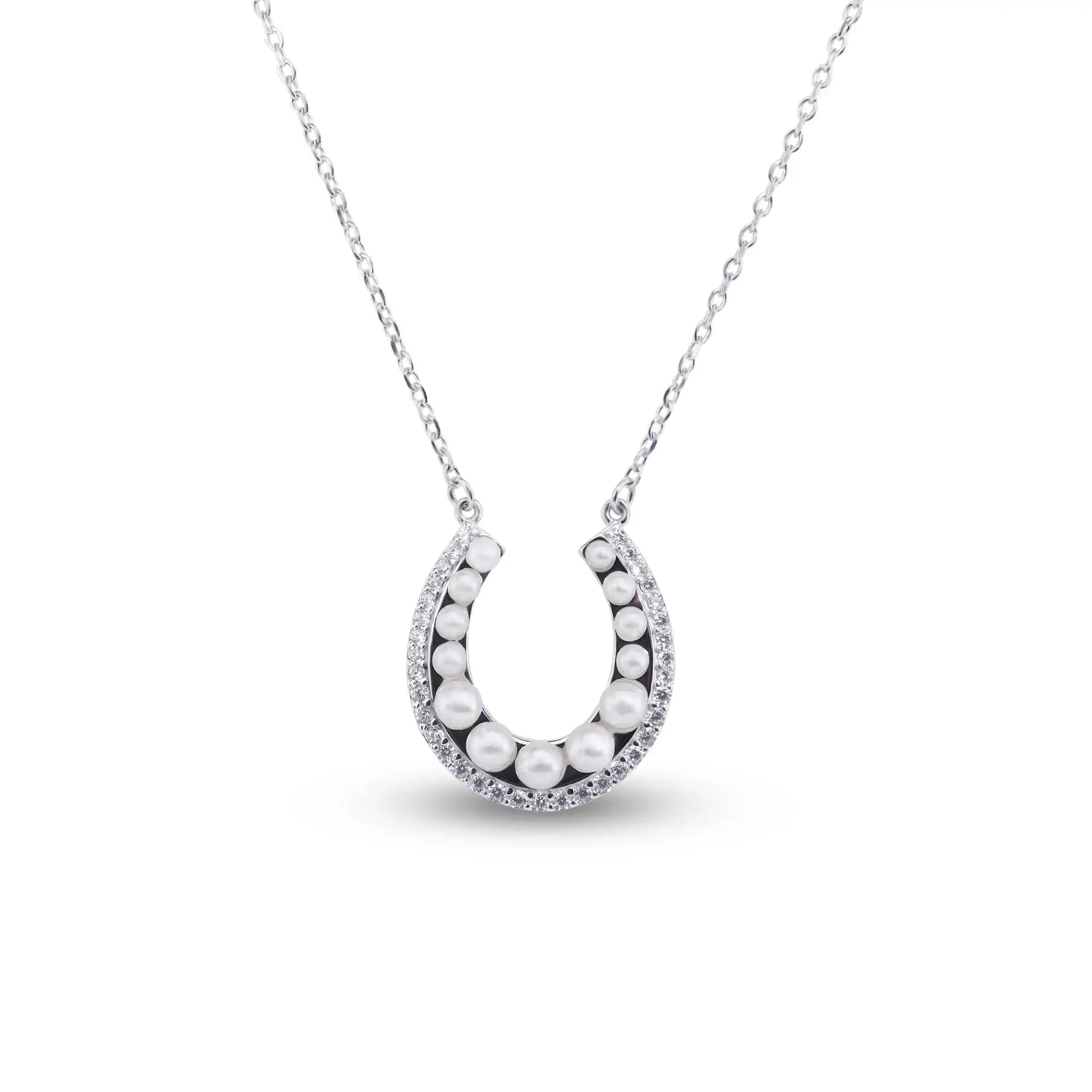 925 Sterling Silver Rhodium Plated Horseshoe Pearl Clear CZ Necklace