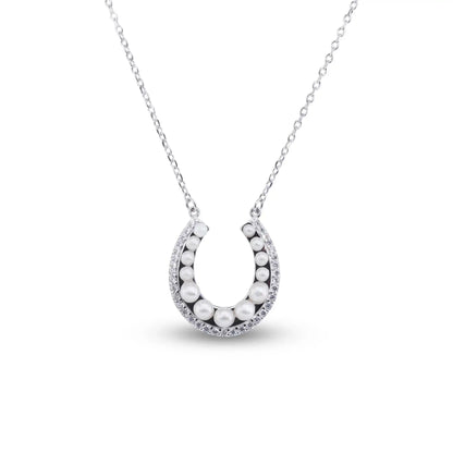 925 Sterling Silver Rhodium Plated Horseshoe Pearl Clear CZ Necklace