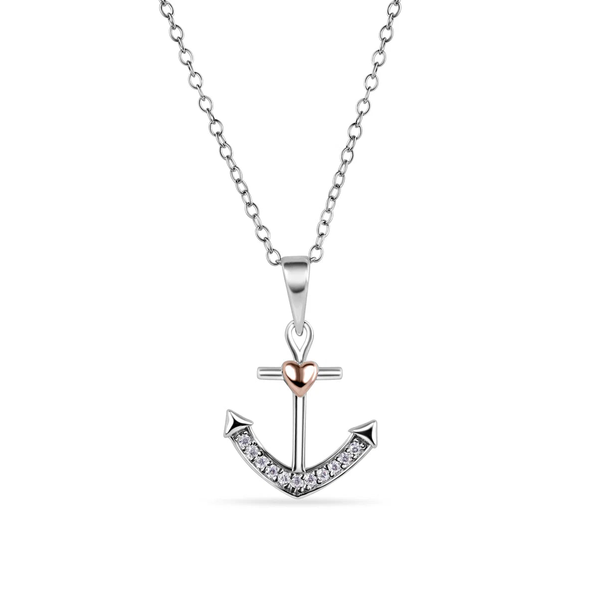 925 Sterling Silver Rhodium Plated and Rose Gold Plated Anchor and Heart Clear CZ Necklace