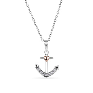 925 Sterling Silver Rhodium Plated and Rose Gold Plated Anchor and Heart Clear CZ Necklace