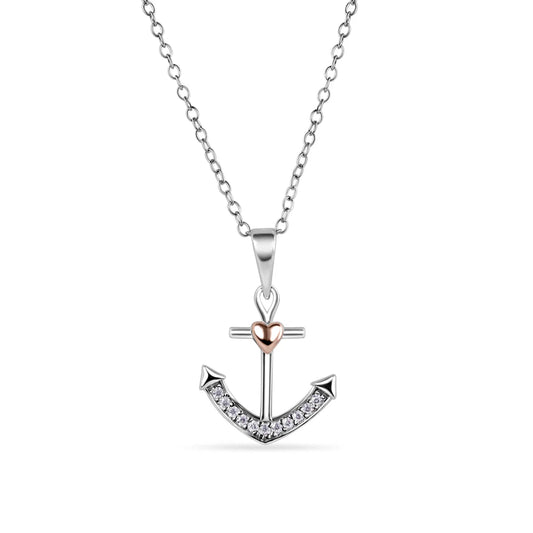 925 Sterling Silver Rhodium Plated and Rose Gold Plated Anchor and Heart Clear CZ Necklace