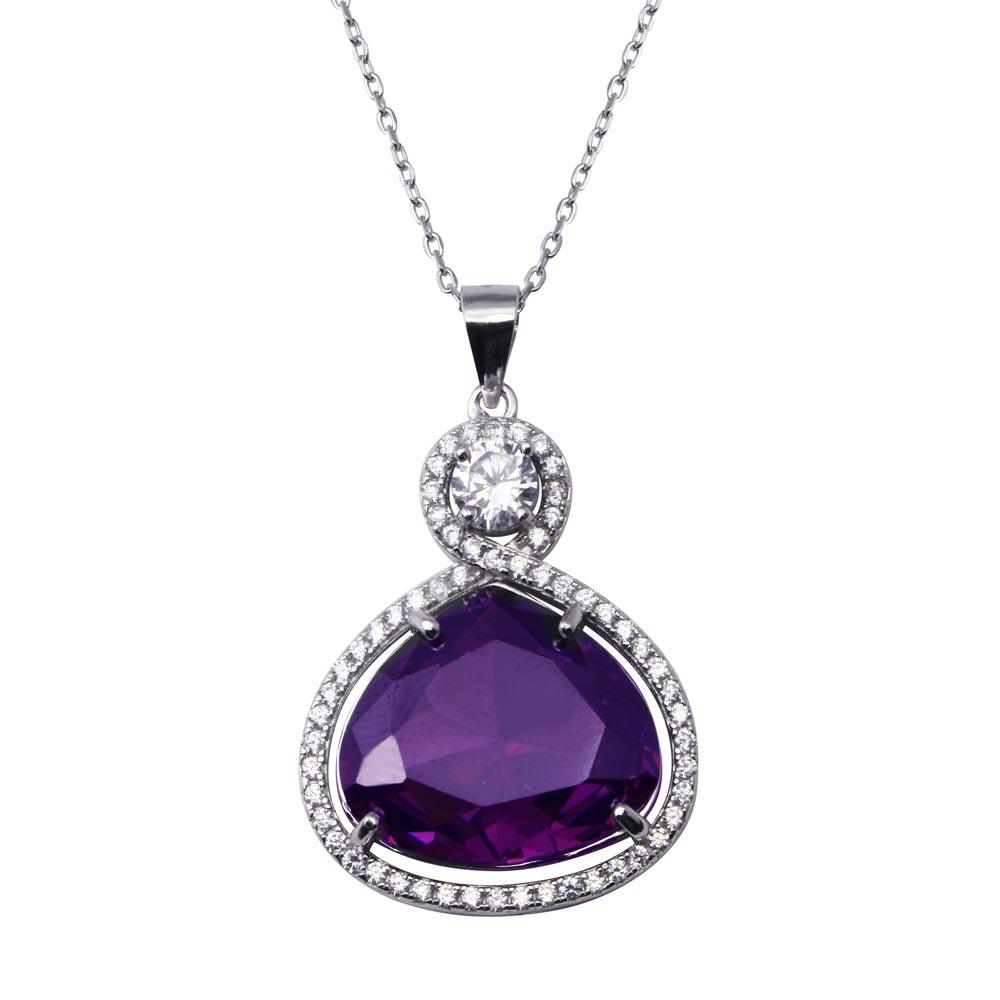 925 Sterling Silver Rhodium Plated Wide Teardrop Amethyst Clear CZ Adjustable Necklace
