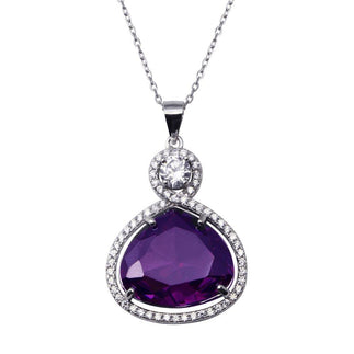 925 Sterling Silver Rhodium Plated Wide Teardrop Amethyst Clear CZ Adjustable Necklace