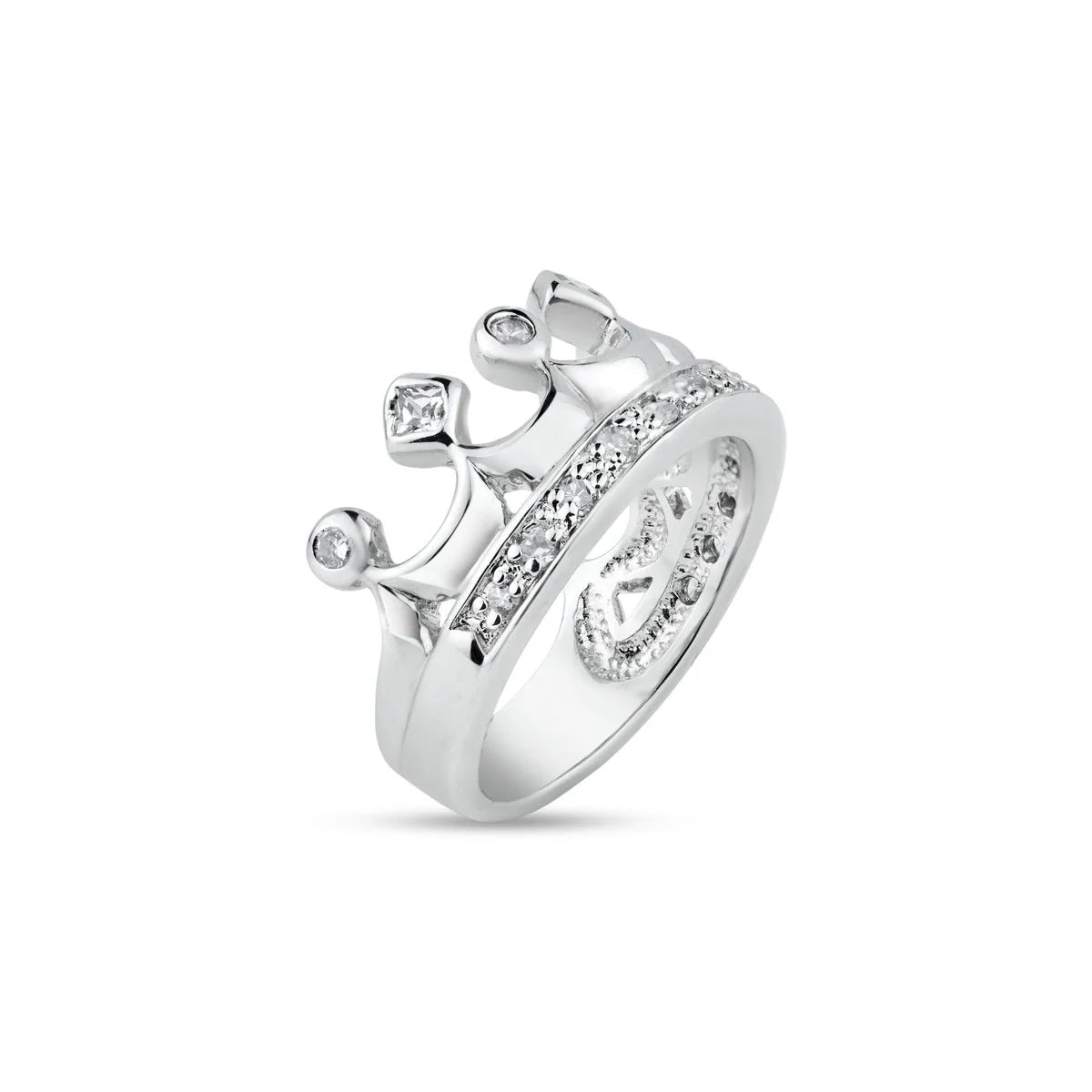 925 Silver Rhodium Plated Clear CZ Crown Ring