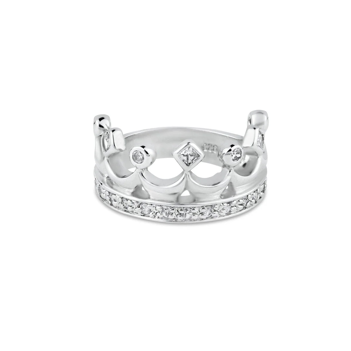 925 Silver Rhodium Plated Clear CZ Crown Ring
