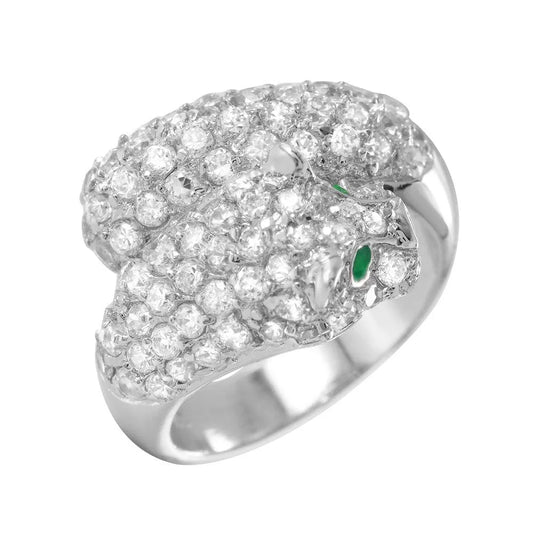 925 Sterling Silver Rhodium Plated Green and Clear Pave Set CZ Jaguar Ring