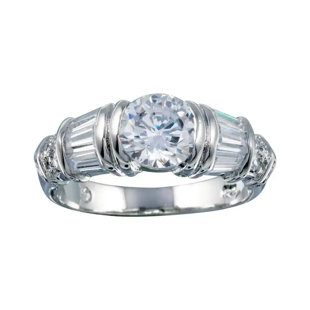 925 Sterling Silver Rhodium Plated Clear Baguette Round CZ Ring