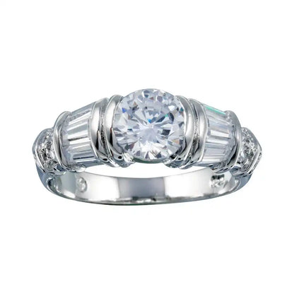 925 Sterling Silver Rhodium Plated Clear Baguette Round CZ Ring