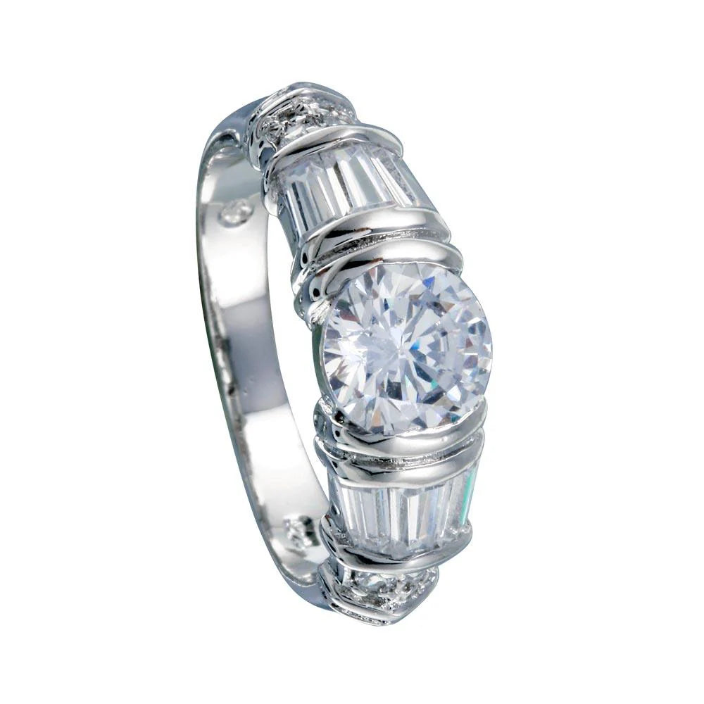 925 Sterling Silver Rhodium Plated Clear Baguette Round CZ Ring