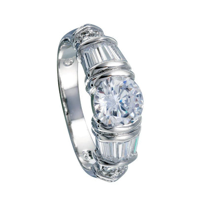 925 Sterling Silver Rhodium Plated Clear Baguette Round CZ Ring