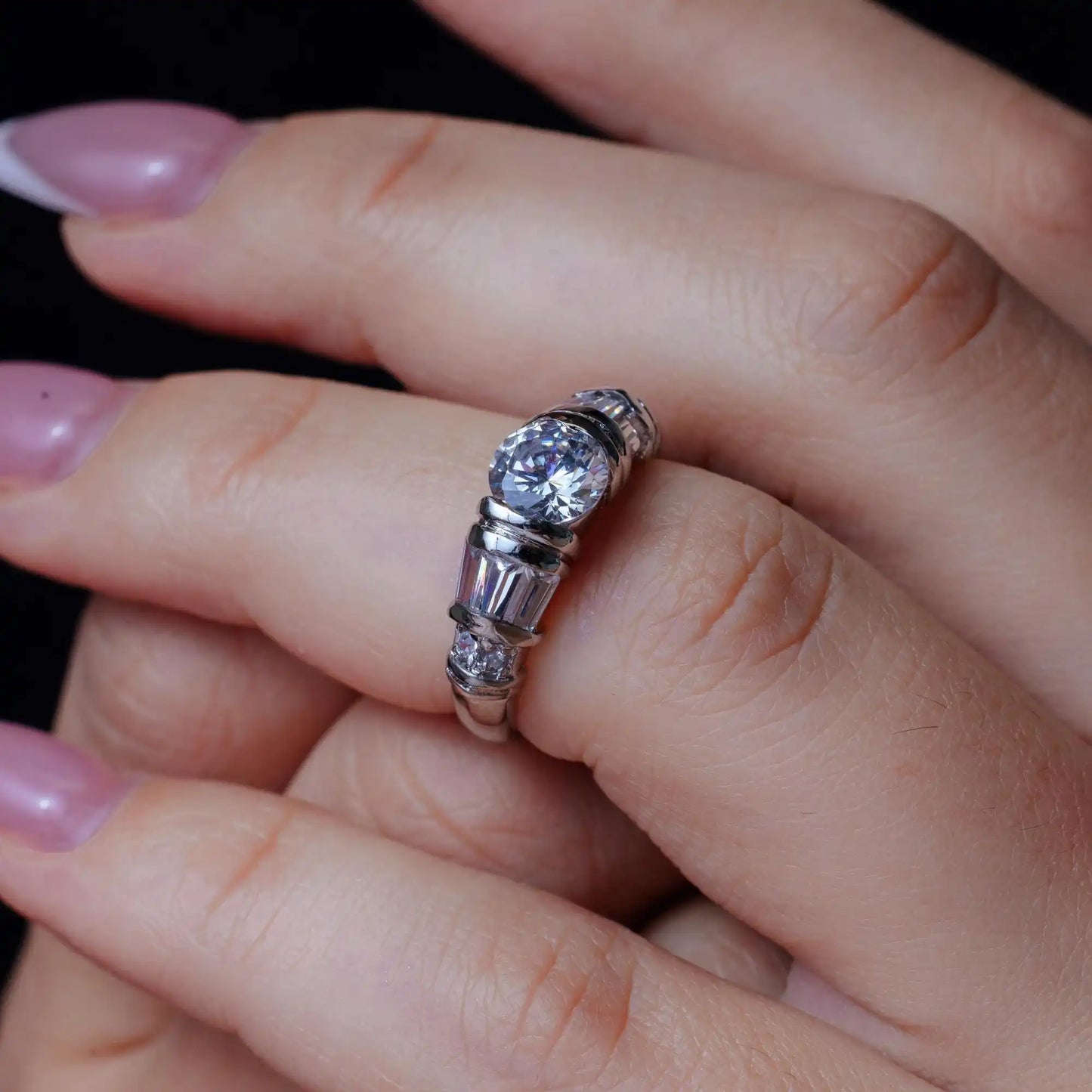 925 Sterling Silver Rhodium Plated Clear Baguette Round CZ Ring