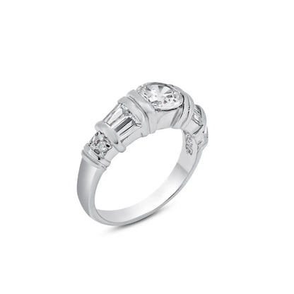 925 Sterling Silver Rhodium Plated Clear Baguette Round CZ Ring