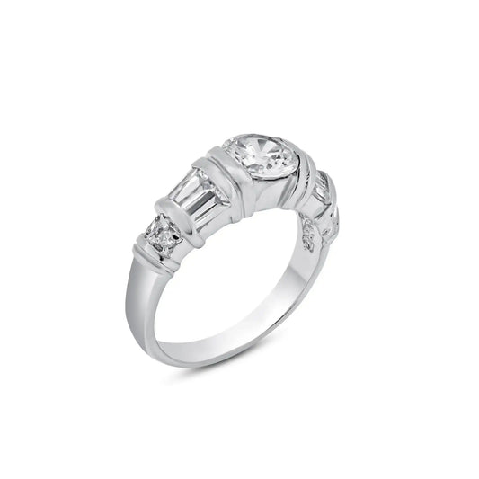 925 Sterling Silver Rhodium Plated Clear Baguette Round CZ Ring