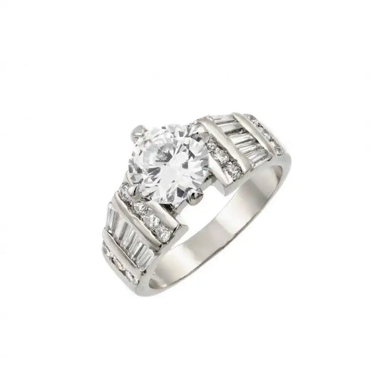 925 Sterling Silver Rhodium Plated Stone with Baguette Ring