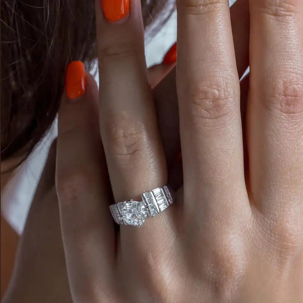 925 Sterling Silver Rhodium Plated Stone with Baguette Ring