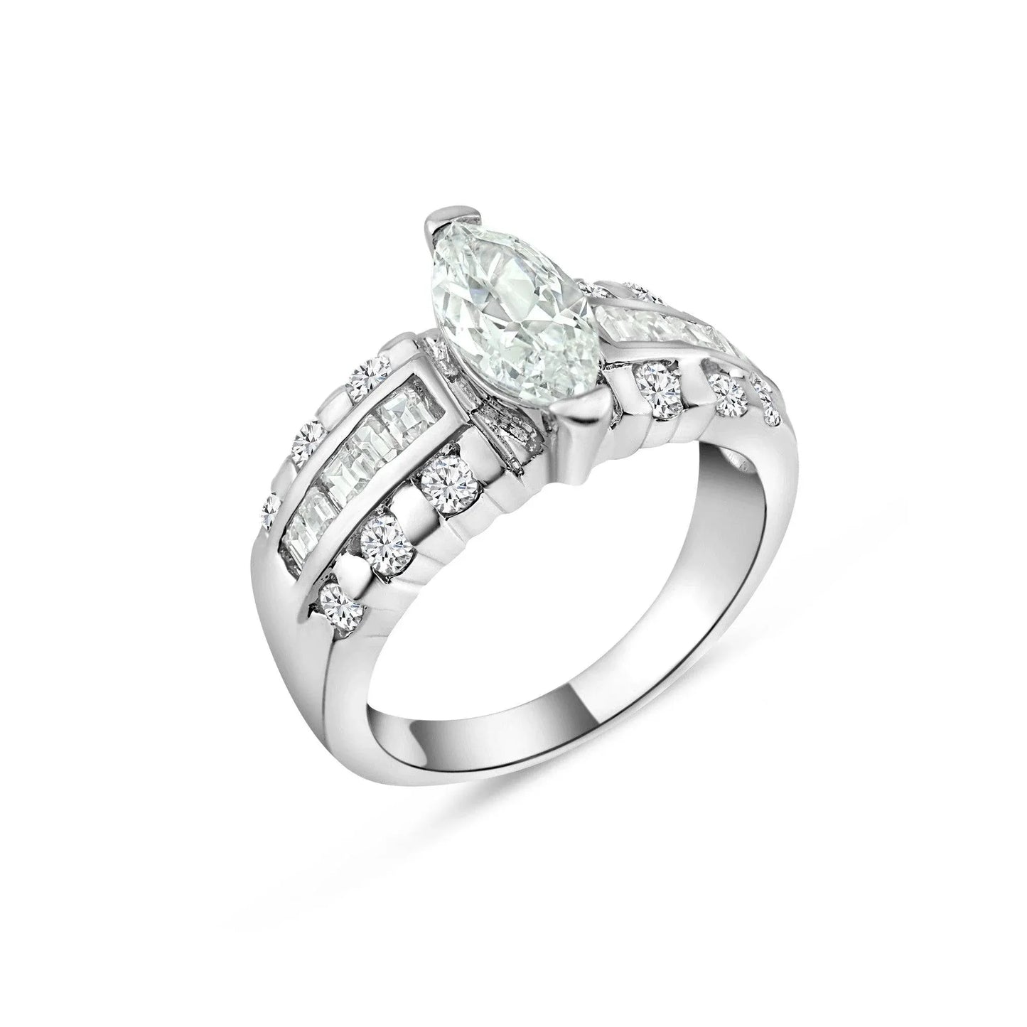 925 Sterling Silver Clearance Rhodium Plated Clear Marquise Center Channel Set Square CZ Bridal Ring