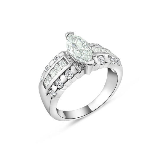 925 Sterling Silver Clearance Rhodium Plated Clear Marquise Center Channel Set Square CZ Bridal Ring