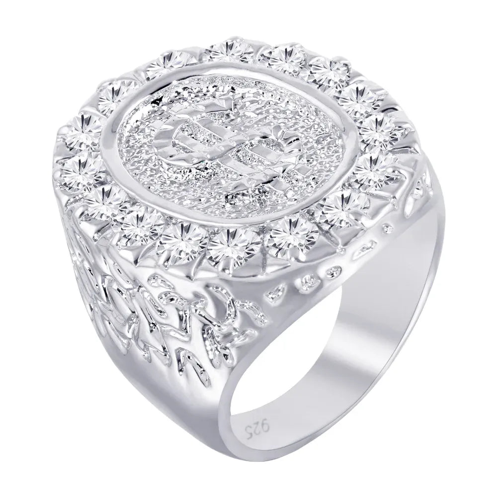 925 Sterling Silver Clearance-Rhodium Plated  Large Dollar Sign Ring with CZ