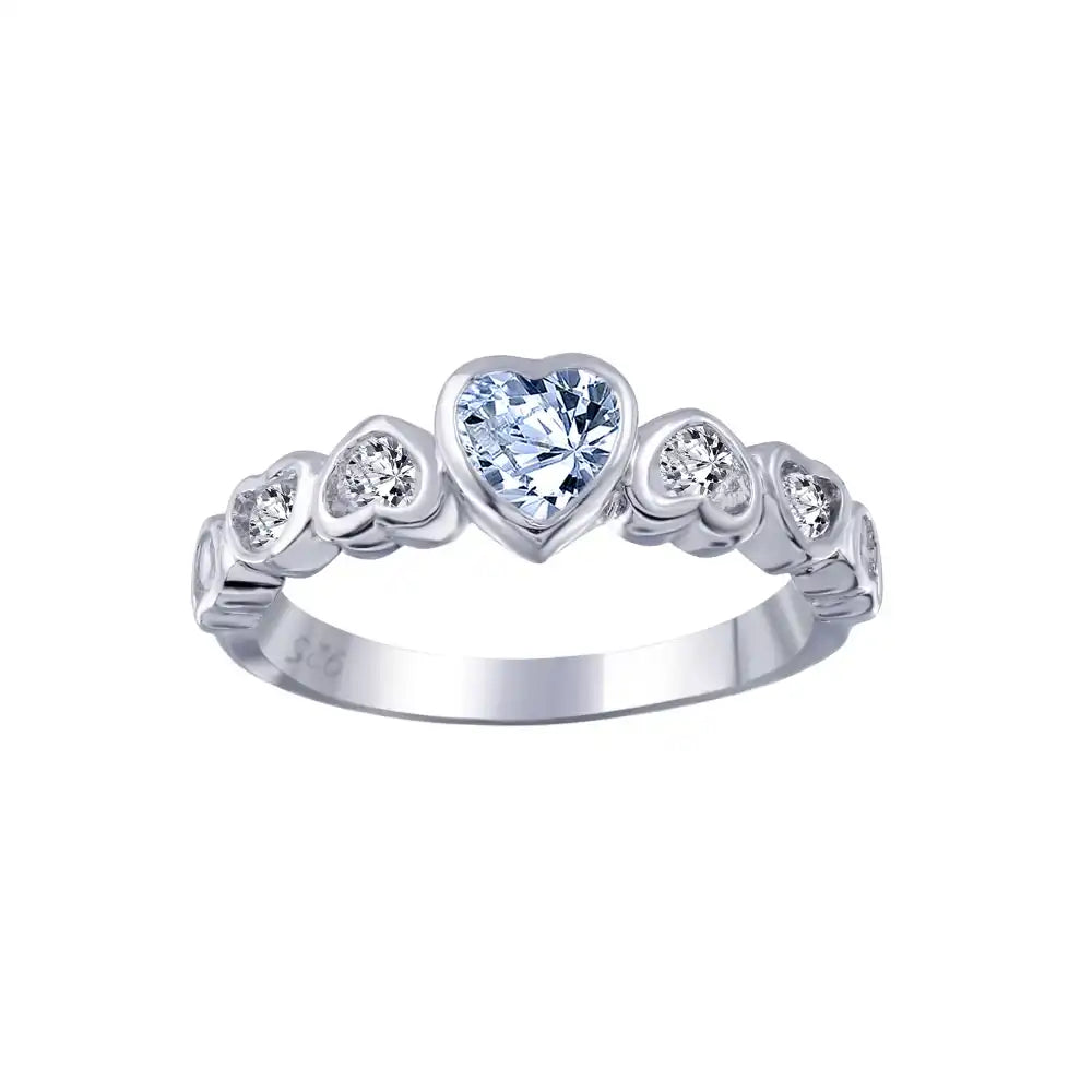 925 Sterling Silver Rhodium Plated Teal Center CZ Heart Ring