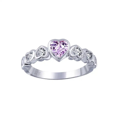 925 Sterling Silver Rhodium Plated Pink Center CZ Heart Ring
