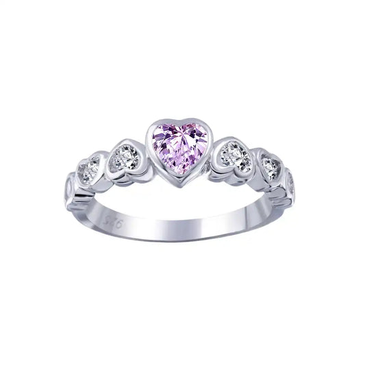925 Sterling Silver Rhodium Plated Pink Center CZ Heart Ring