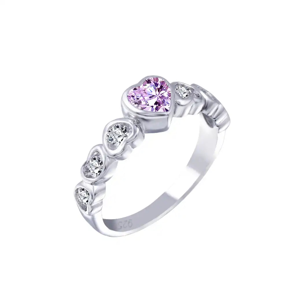 925 Sterling Silver Rhodium Plated Pink Center CZ Heart Ring