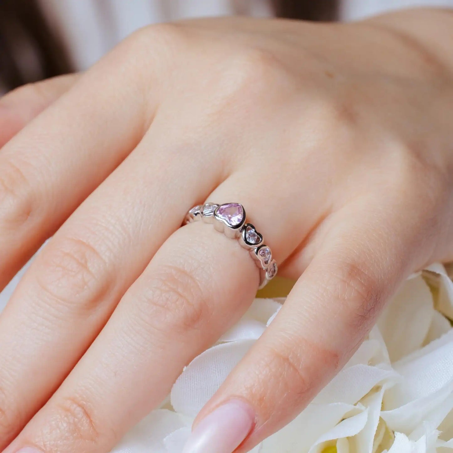 925 Sterling Silver Rhodium Plated Pink Center CZ Heart Ring