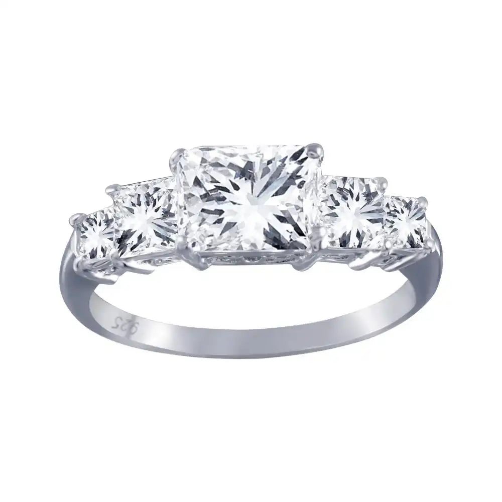 925 Sterling Silver Rhodium Plated Clear 5 Stone Set CZ Bridal Ring