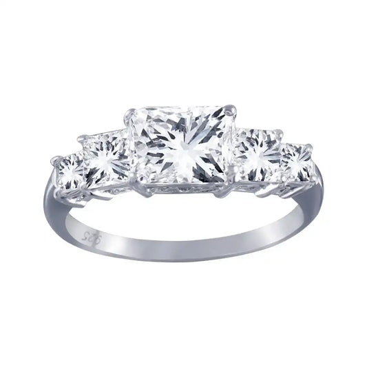 925 Sterling Silver Rhodium Plated Clear 5 Stone Set CZ Bridal Ring