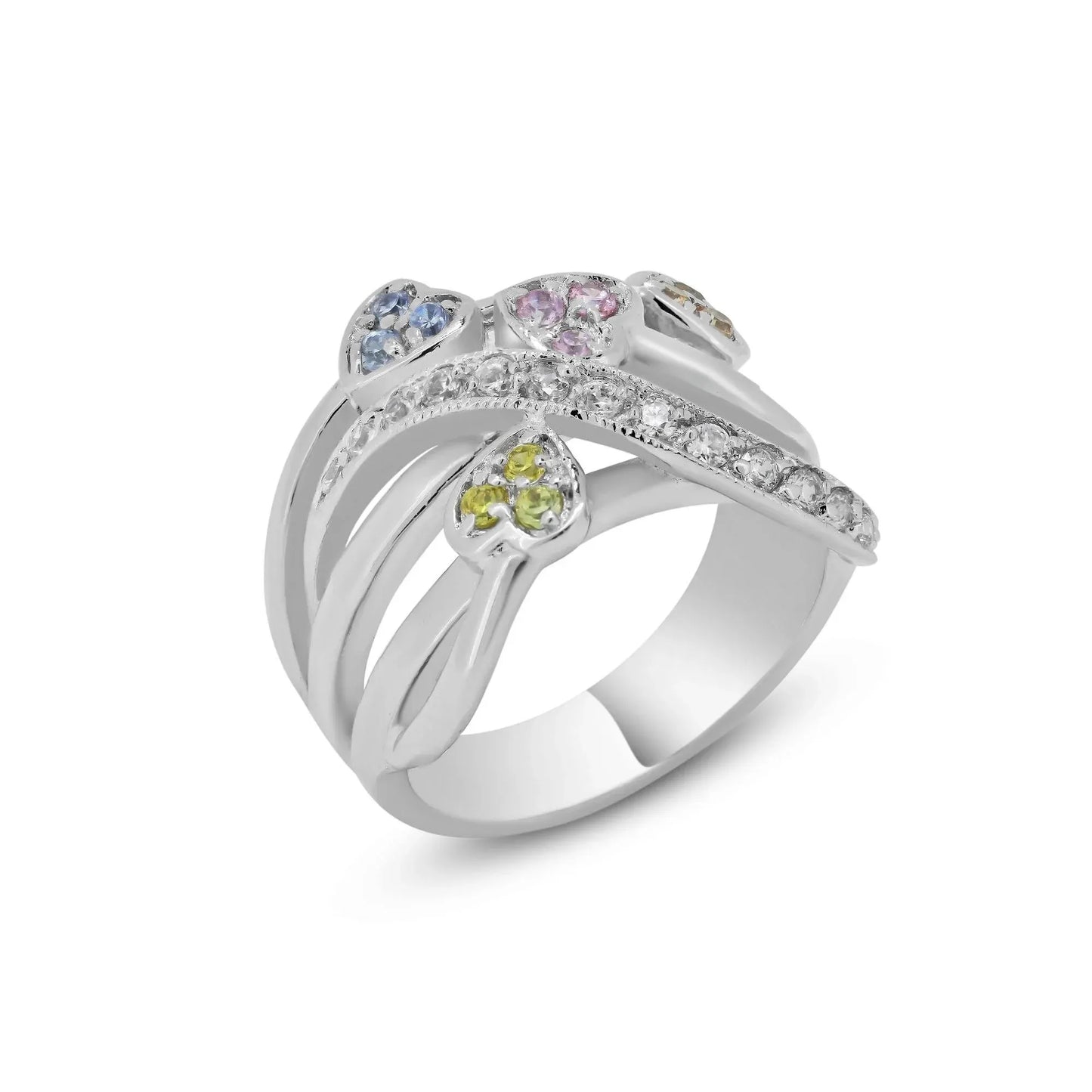 925 Sterling Silver Clearance Rhodium Plated Multi Colored CZ Heart Ring