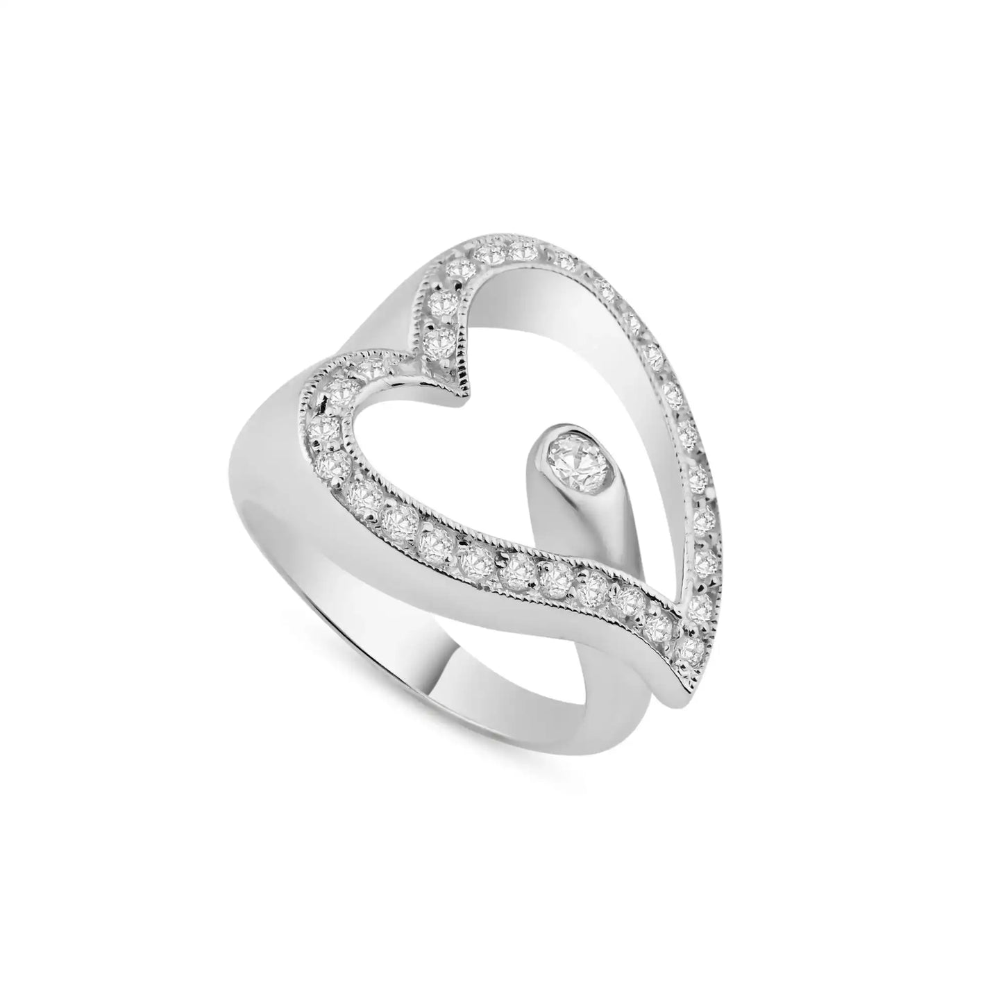 925 Sterling Silver Clearance Rhodium Plated Round Center CZ Sideways Open Heart Ring