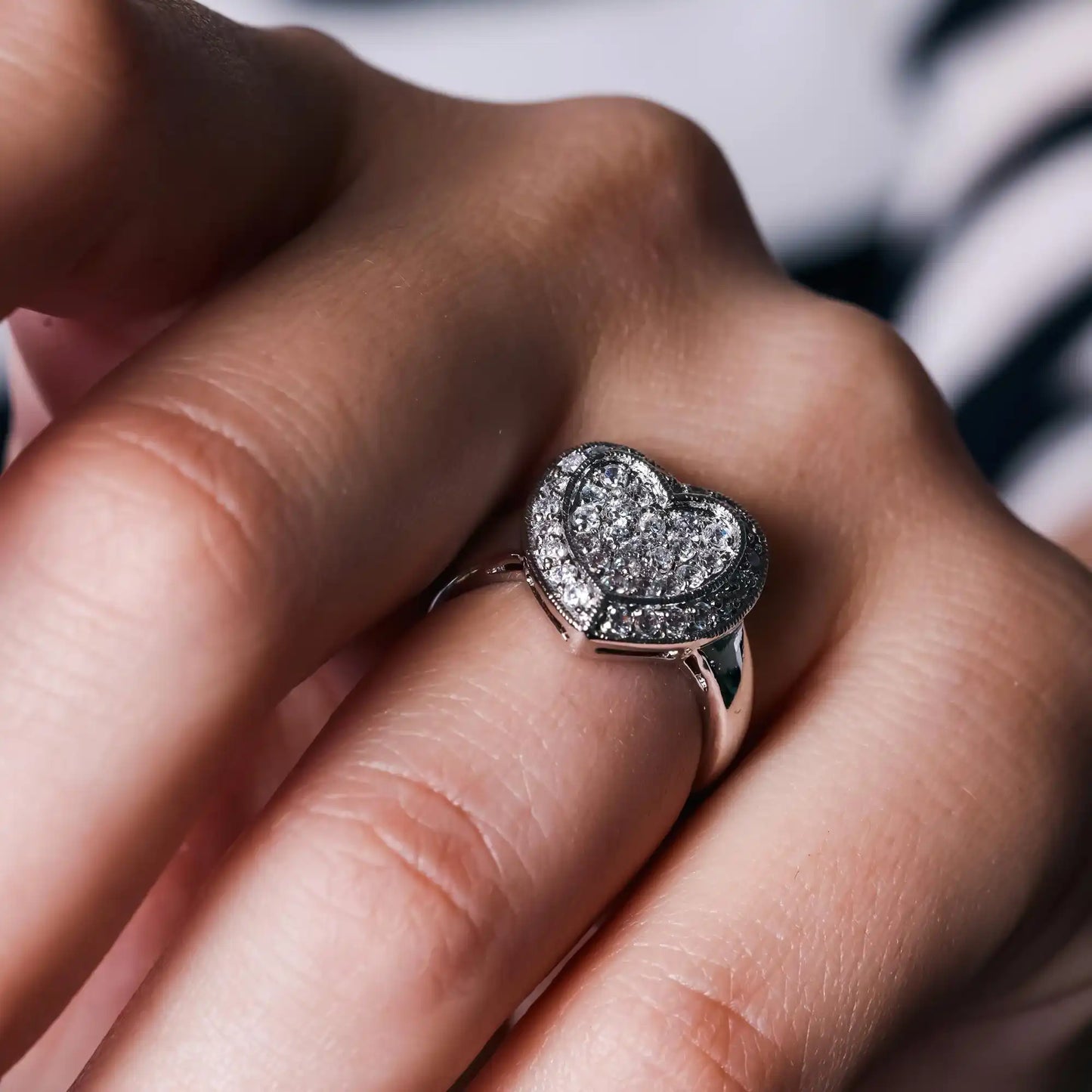 925 Sterling Silver Rhodium Plated Pave Set Clear CZ Solid Heart Ring