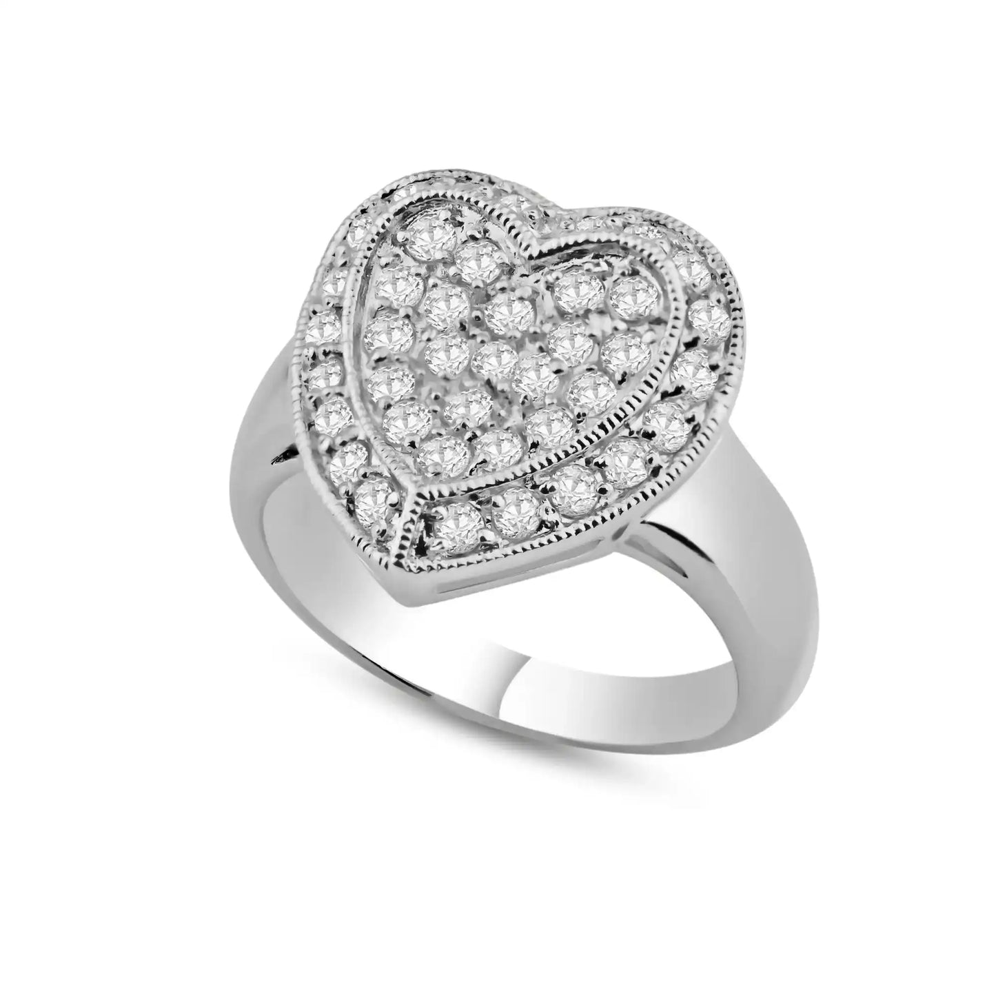 925 Sterling Silver Rhodium Plated Pave Set Clear CZ Solid Heart Ring