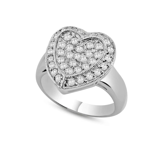 925 Sterling Silver Rhodium Plated Pave Set Clear CZ Solid Heart Ring