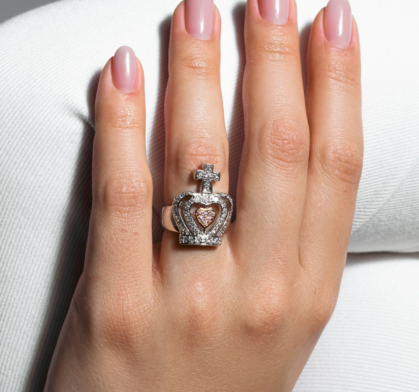 925 Sterling Silver Clearance Rhodium Plated Pink Heart Center and Clear CZ Crown Ring