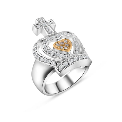 925 Sterling Silver Clearance Rhodium Plated Pink Heart Center and Clear CZ Crown Ring