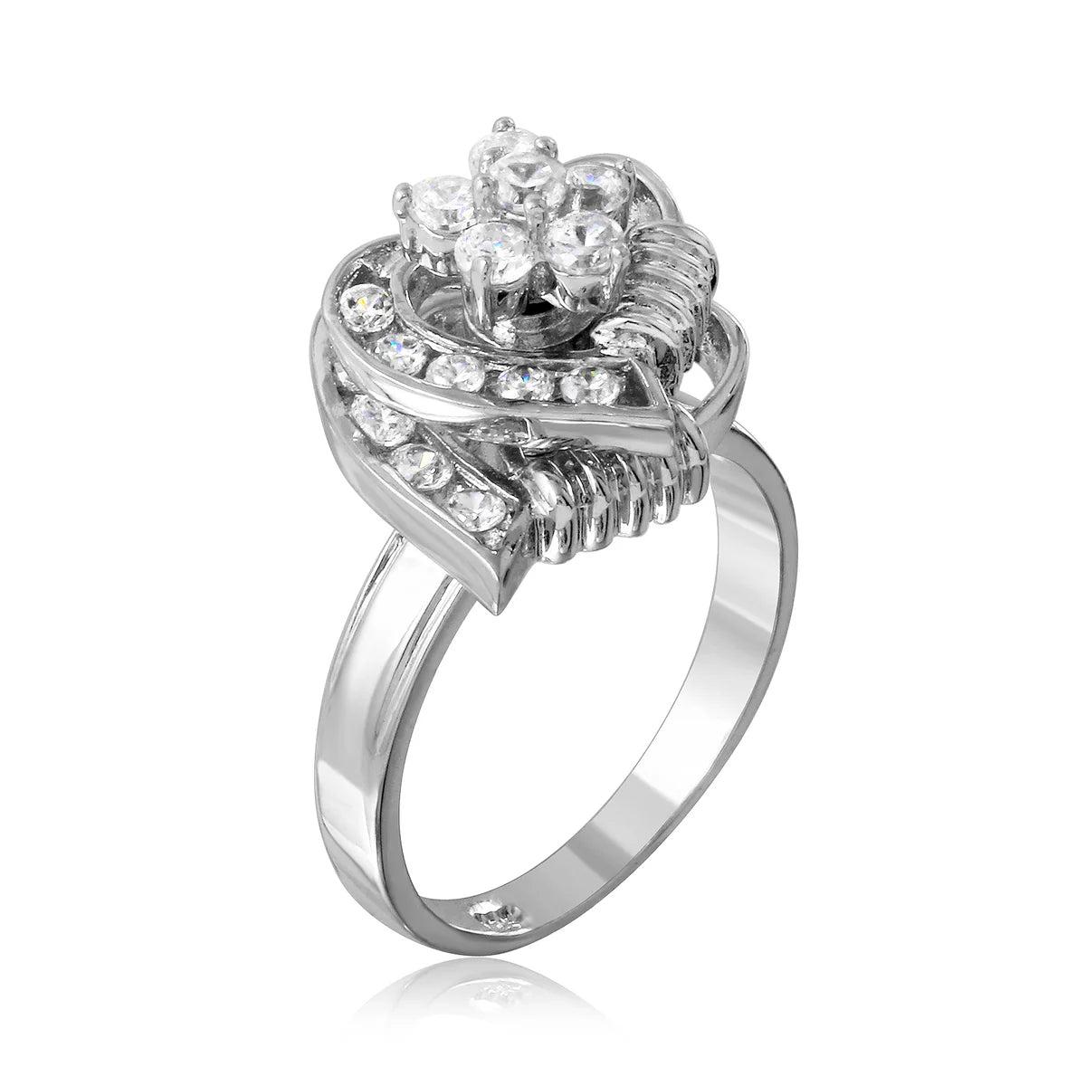 925 Sterling Silver Clearance - Rhodium Plated Clear Flower 2 Row Hearts Fidgetting Clear CZ Ring