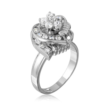925 Sterling Silver Clearance - Rhodium Plated Clear Flower 2 Row Hearts Fidgetting Clear CZ Ring