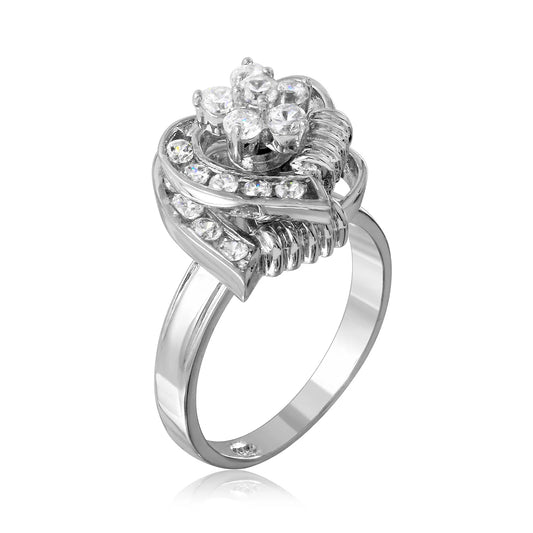 925 Sterling Silver Clearance - Rhodium Plated Clear Flower 2 Row Hearts Fidgetting Clear CZ Ring