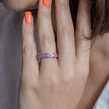 925 Silver Rhodium Plated Channel Set Pink Square CZ Eternity Ring