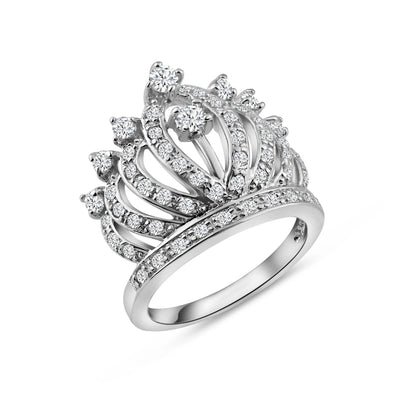 925 Sterling Silver Rhodium Plated Clear CZ Crown Ring