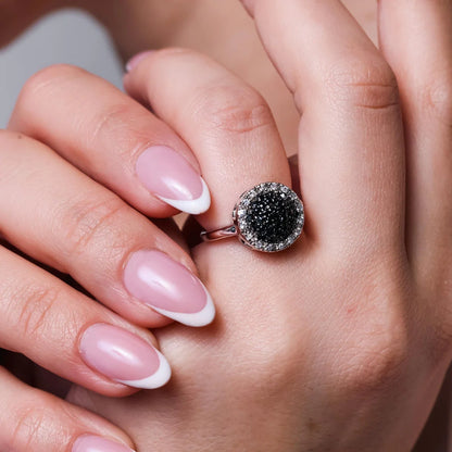 925 Silver Rhodium and Black Rhodium Plated Clear and Black CZ Circle Ring