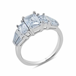 925 Sterling Silver Rhodium Plated Clear Baguette Rectangular CZ Bridal Ring