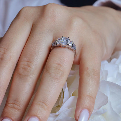 925 Sterling Silver Rhodium Plated Clear Baguette Rectangular CZ Bridal Ring