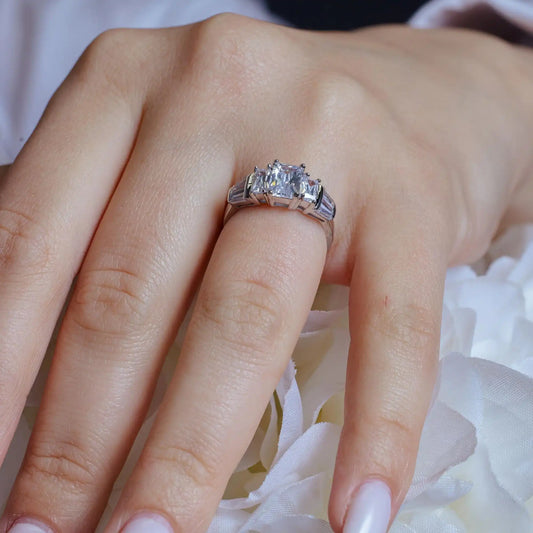 925 Sterling Silver Rhodium Plated Clear Baguette Rectangular CZ Bridal Ring