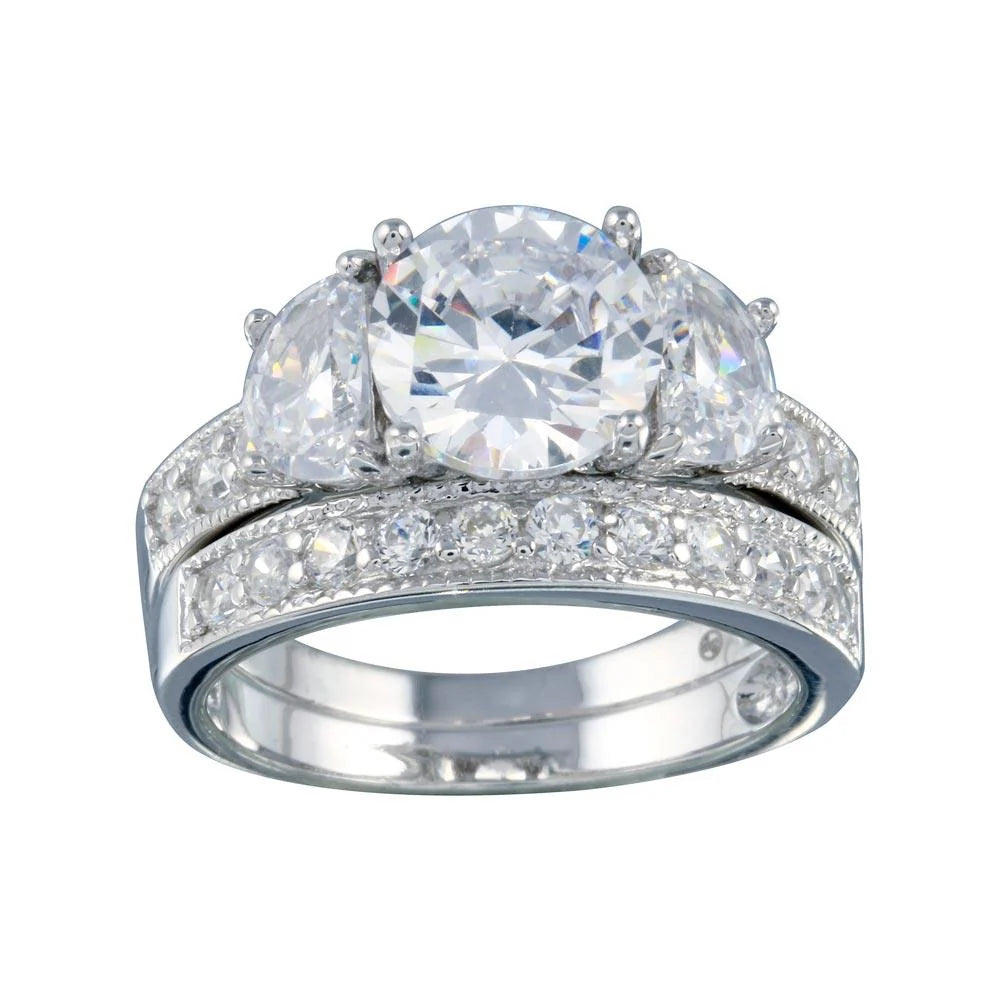 925 Sterling Silver Rhodium Plated Clear Round Center CZ Bridal Ring Set