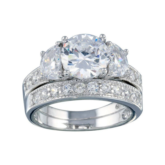 925 Sterling Silver Rhodium Plated Clear Round Center CZ Bridal Ring Set